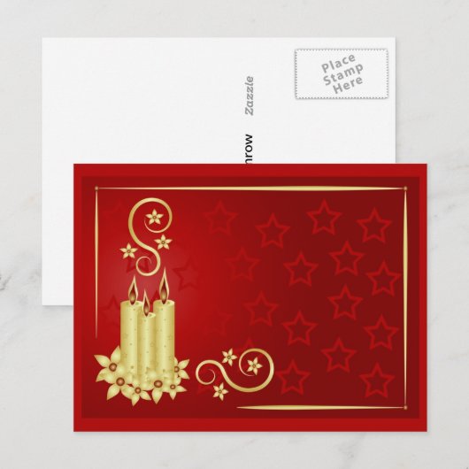 goudkaarsen, bloemen en zwenken op rode achtergron briefkaart (Voorkant / Achterkant)