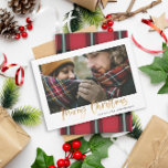 Goudkerst rood met groene vlekfoto feestdagenkaart<br><div class="desc">Gold-effect stijlvol script is alleen maar een mooi kerstfeest met een coördinerend rood en groen vinkje tartan backer ontwerp. Ruimte voor één fotoontwerp.</div>