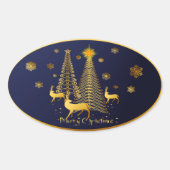 Goudkerstbomen en rendieren ovale sticker (Voorkant)