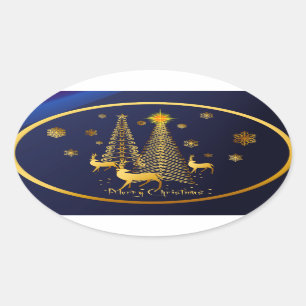 Goudkerstbomen en rendieren ovale sticker