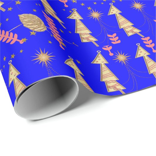 Goudkerstbomen met blauw omslagpapier cadeaupapier (Rol Hoek)