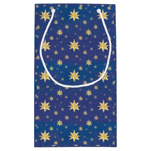 Goudkerststerren op blauw klein cadeauzakje (Achterkant)