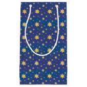 Goudkerststerren op blauw klein cadeauzakje (Voorkant)