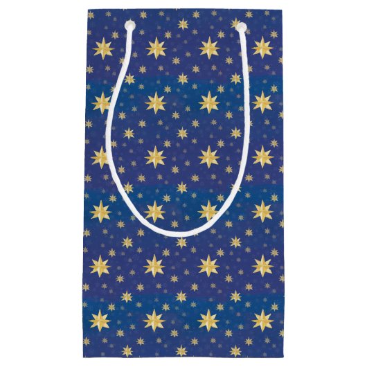 Goudkerststerren op blauw klein cadeauzakje (Voorkant)