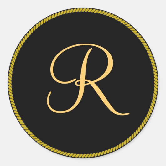 Goudkleurig initiaal R op de zwarte monogram Ronde Sticker (Voorkant)