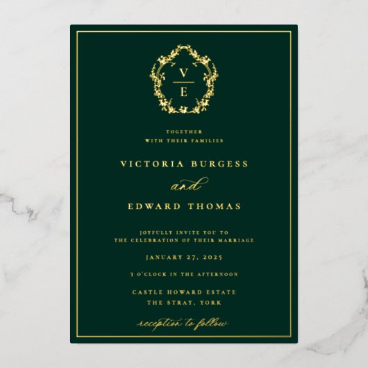 goudkleurig monogram bruiloft Foto Folie Uitnodiging (Voorkant)