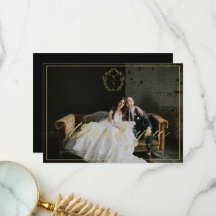  goudkleurig monogram bruiloft foto zwart bedankkaart