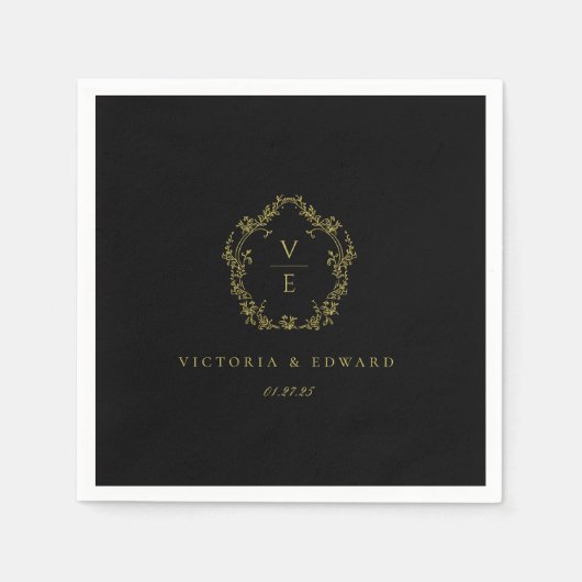  goudkleurig monogram zwart huwelijk servet (Voorkant)