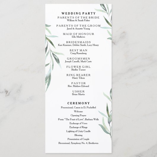 Goudkleurig Rustiek Eucalyptus Trouwprogramma Programmakaart (Achterkant)