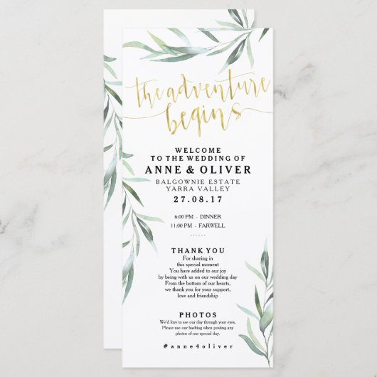 Goudkleurig Rustiek Eucalyptus Trouwprogramma Programmakaart (Voorkant / Achterkant)