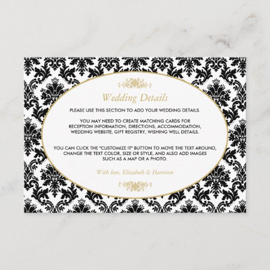 goudkleurig, zwart en wit huwelijk — details informatiekaartje (Voorkant)