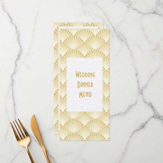 Goudkleurige Art Deco Design Bruiloft Diner Menu (Voorkant / Achterkant in situ)