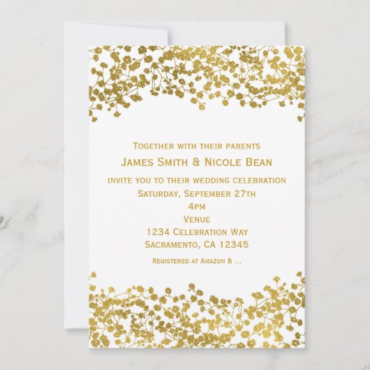 Goudkleurige baby's adem witte elegante uitnodigin kaart (Voorkant)