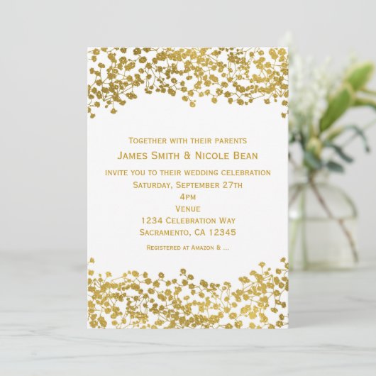 Goudkleurige baby's adem witte elegante uitnodigin kaart (Staand voorkant)