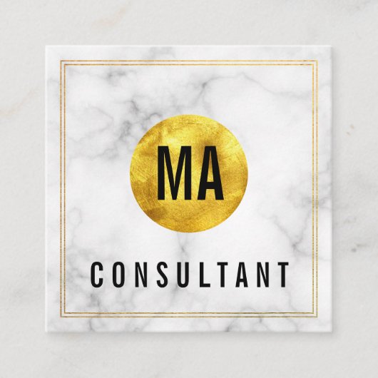 Goudkleurige cirkel marmer met monogrammotief vierkante visitekaartje (Voorkant)