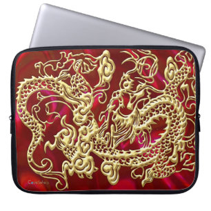 Goudkleurige Draak met Reliëf op Rode Satijnen Pri Laptop Sleeve