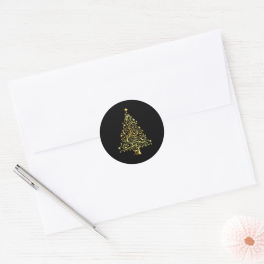 Goudkleurige kerstboom ronde sticker (Envelop)