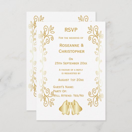 Goudkleurige klokken ontwerp bruiloft RSVP kaartje (Voorkant / Achterkant)