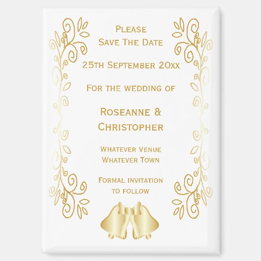 Goudkleurige klokken ontwerp bruiloft Save the dat Magneet (Voorkant)