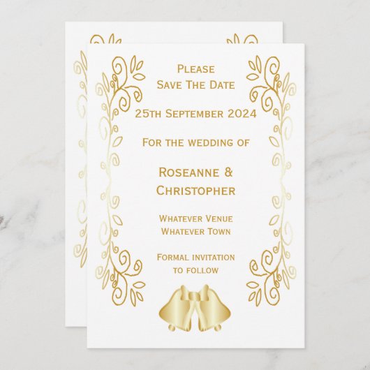 Goudkleurige klokken ontwerp bruiloft save the date (Voorkant / Achterkant)