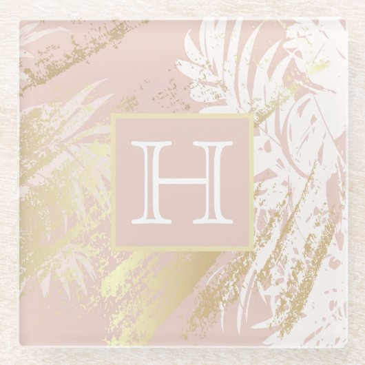 Goudkleurige palmboombladeren monogram met blos glazen onderzetter (Voorkant)