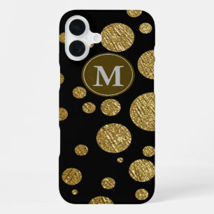goudkleurige polka-stippen op zwart iPhone 16 plus hoesje