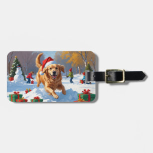 Goudkleurige retriever in de sneeuw met kerstmuts bagagelabel