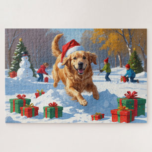 Goudkleurige retriever in de sneeuw met kerstmuts legpuzzel