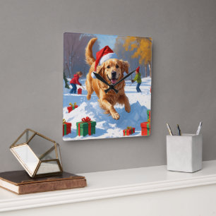 Goudkleurige retriever in de sneeuw met kerstmuts vierkante klok