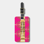 Goudkronen op roze warme roze bagagelabel (Voorkant verticaal)