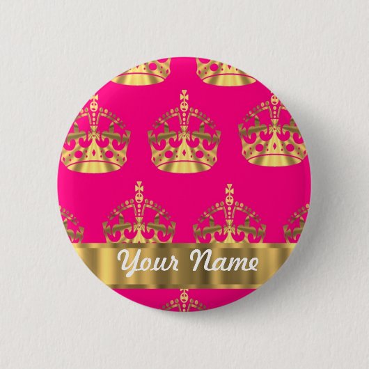 Goudkronen op roze warme roze ronde button 5,7 cm (Voorkant)