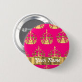 Goudkronen op roze warme roze ronde button 5,7 cm (Voorkant /achterkant)