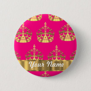 Goudkronen op roze warme roze ronde button 5,7 cm