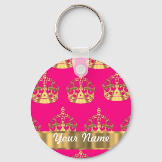 Goudkronen op roze warme roze sleutelhanger (Voorkant)