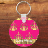 Goudkronen op roze warme roze sleutelhanger (Voorkant)