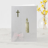 Goudkruis, kaars en roze boog personaliseren kaart (Gele Bloem)