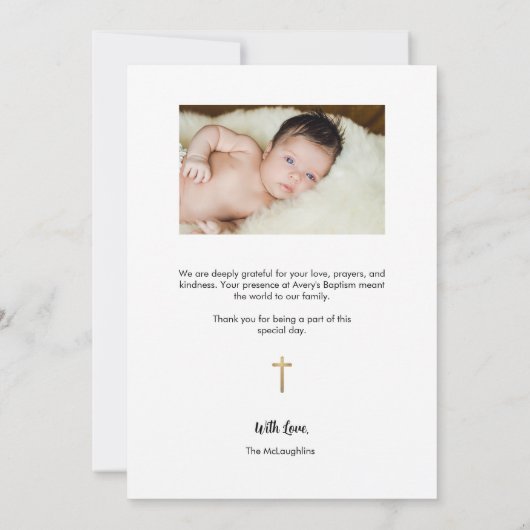 Goudkruis Modern 2 Baby Foto's Eenvoudige doop Bedankkaart (Achterkant)