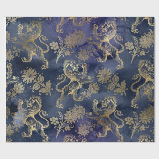 Goudleeuwen en bloemen op Paars Cadeaupapier (Vlak)