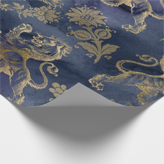 Goudleeuwen en bloemen op Paars Cadeaupapier (Hoek)