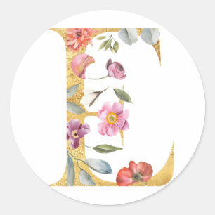 Goudletter E met bloemen Ronde Sticker