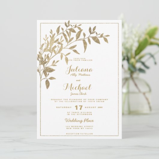 Goudlooienbloem traditionele witte bruiloft kaart (Staand voorkant)