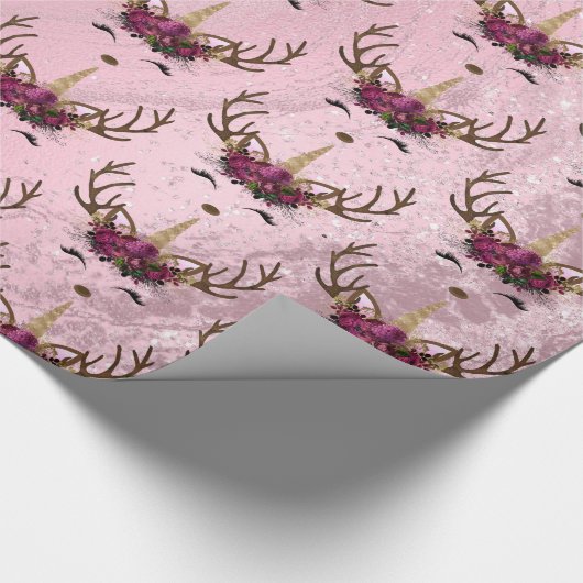 Goudmarmer eenhoornrendierpatroon van Girly roos Cadeaupapier (Hoek)