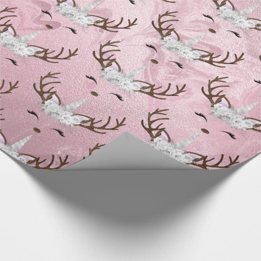 Goudmarmer eenhoornrendierpatroon van Girly roos Cadeaupapier (Hoek)