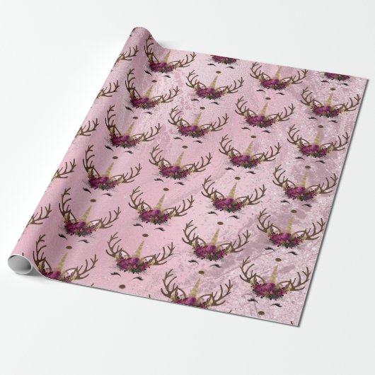 Goudmarmer eenhoornrendierpatroon van Girly roos Cadeaupapier (Uitgerold)