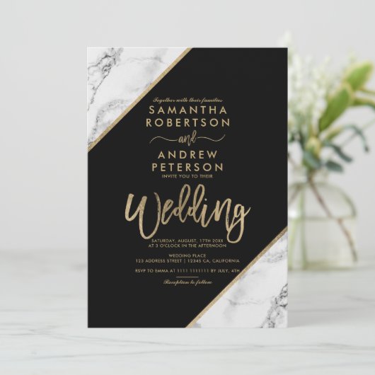Goudmarmer tint typografie zwarte bruiloft kaart (Staand voorkant)