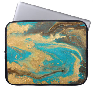 Goudmarmertextuur. Blauwe en gouden marb Laptop Sleeve