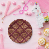 goudmaroon Damask Pattern Papieren Bordje (Feest)