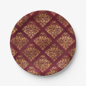  goudmaroon Damask Pattern Papieren Bordje (Voorkant)