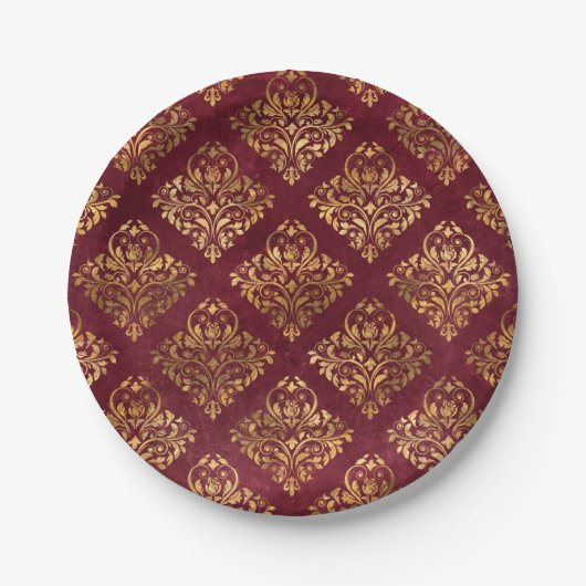 goudmaroon Damask Pattern Papieren Bordje (Voorkant)