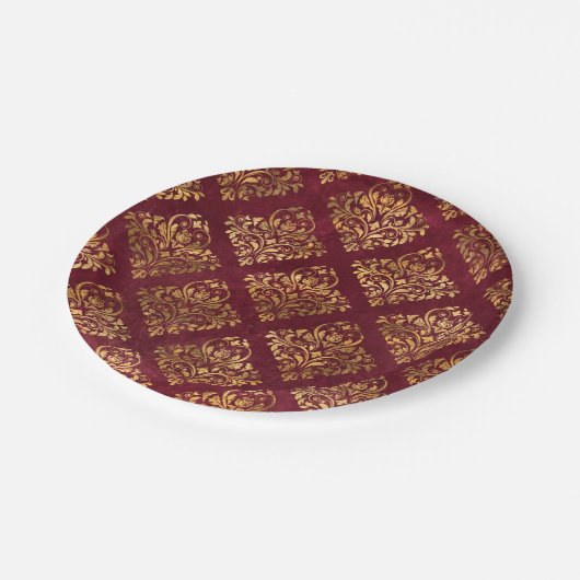 goudmaroon Damask Pattern Papieren Bordje (Gekanteld)